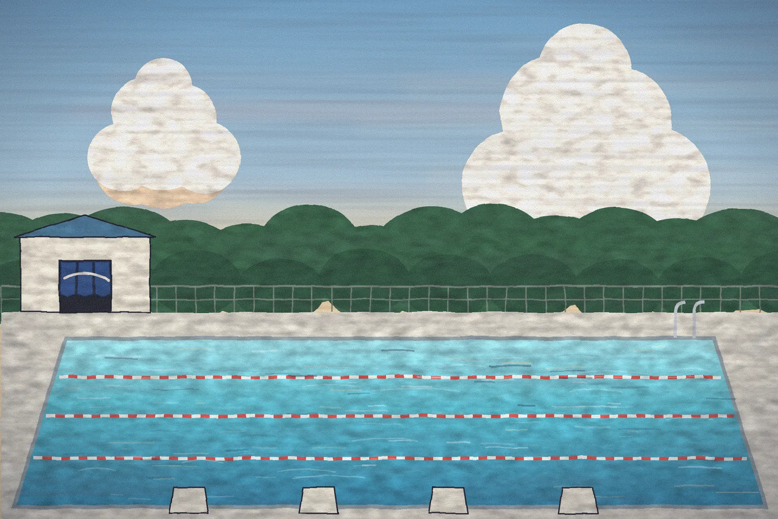 An outdoor pool with lane ropes at golden hour under summer clouds.