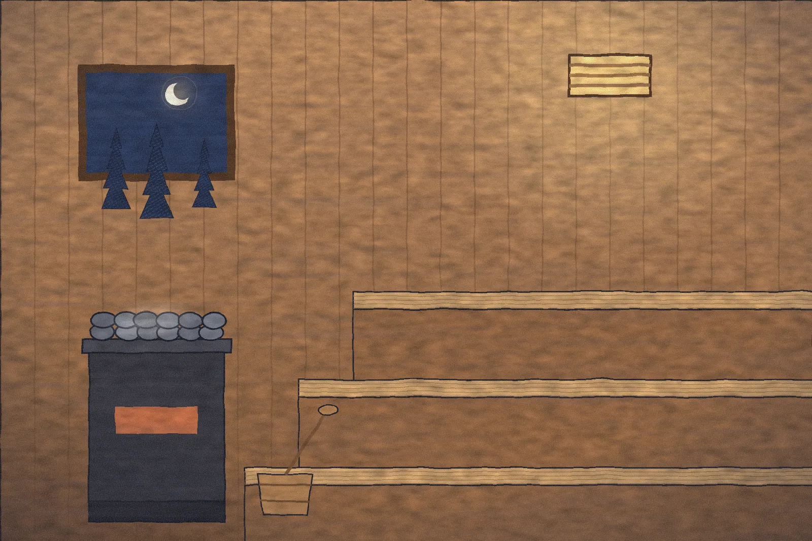 Inside a cedar sauna with tiered benches and a stone stove.