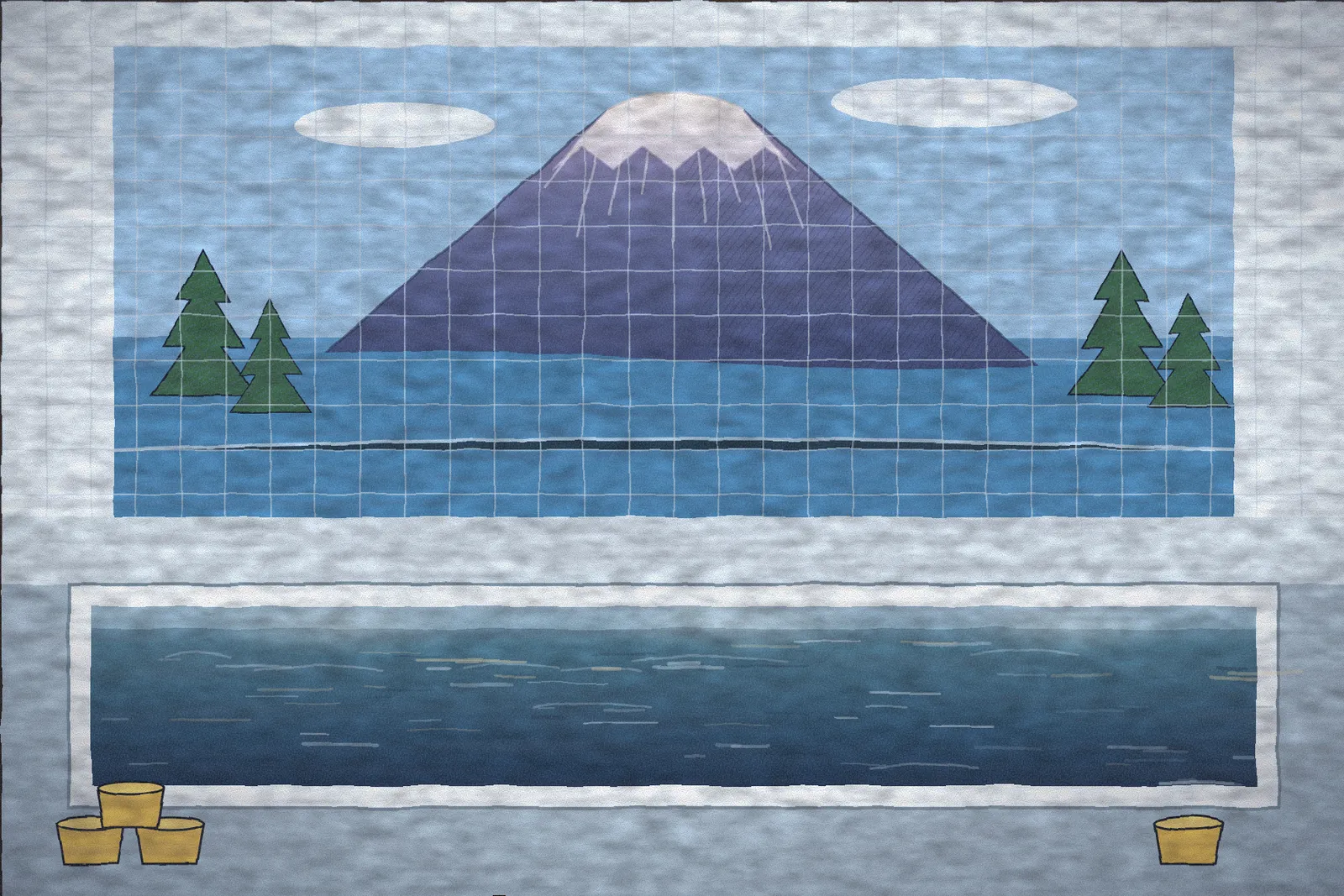 Inside a sento: a tiled bath under a painted Mt Fuji mural.