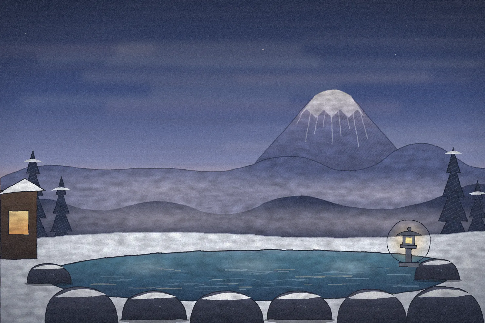 A snowy open-air bath above a misty valley with Mt Fuji on the horizon.