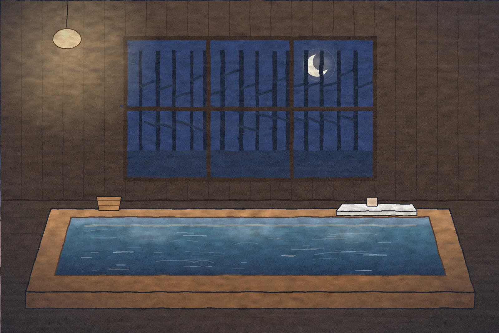 A quiet indoor wooden bath with a folded towel and a small cover patch on the edge.