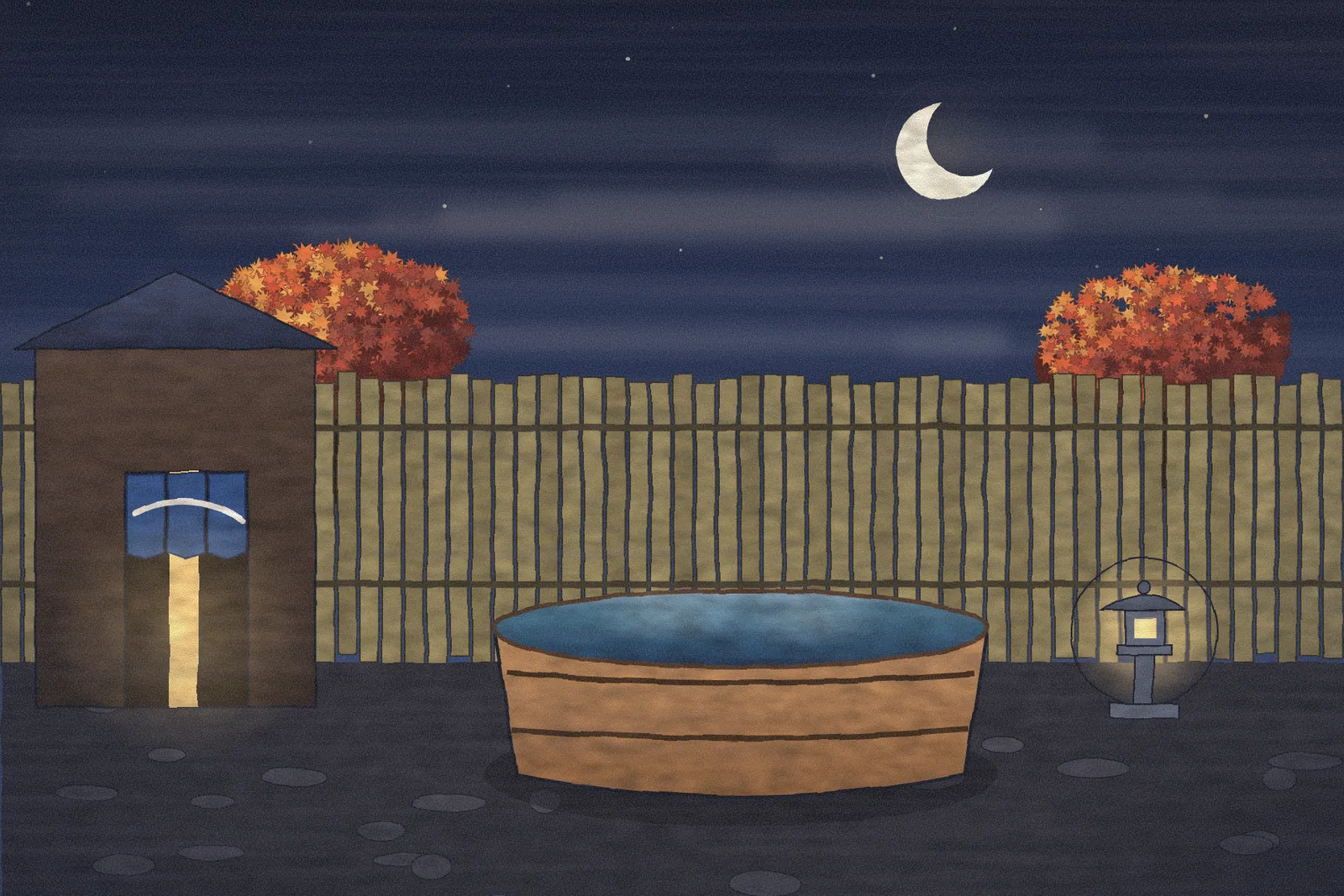 A private cedar tub in a fenced courtyard at night, beside a stone lantern.